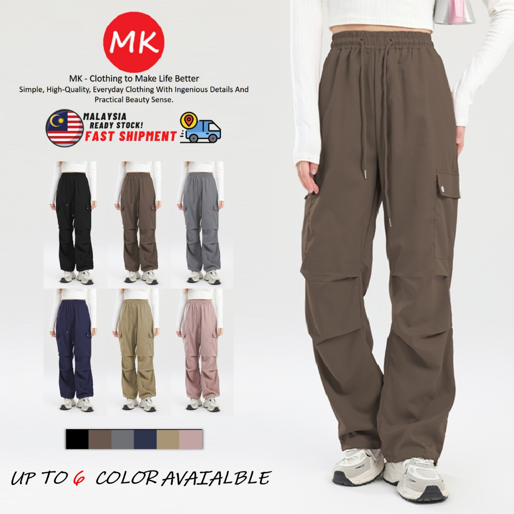 MK Cargo Pants Women Cathryn Multi-Pocket High-Waisted Drawstring กางเกงคาร์โก้ร่มชูชีพ Seluar Kargo