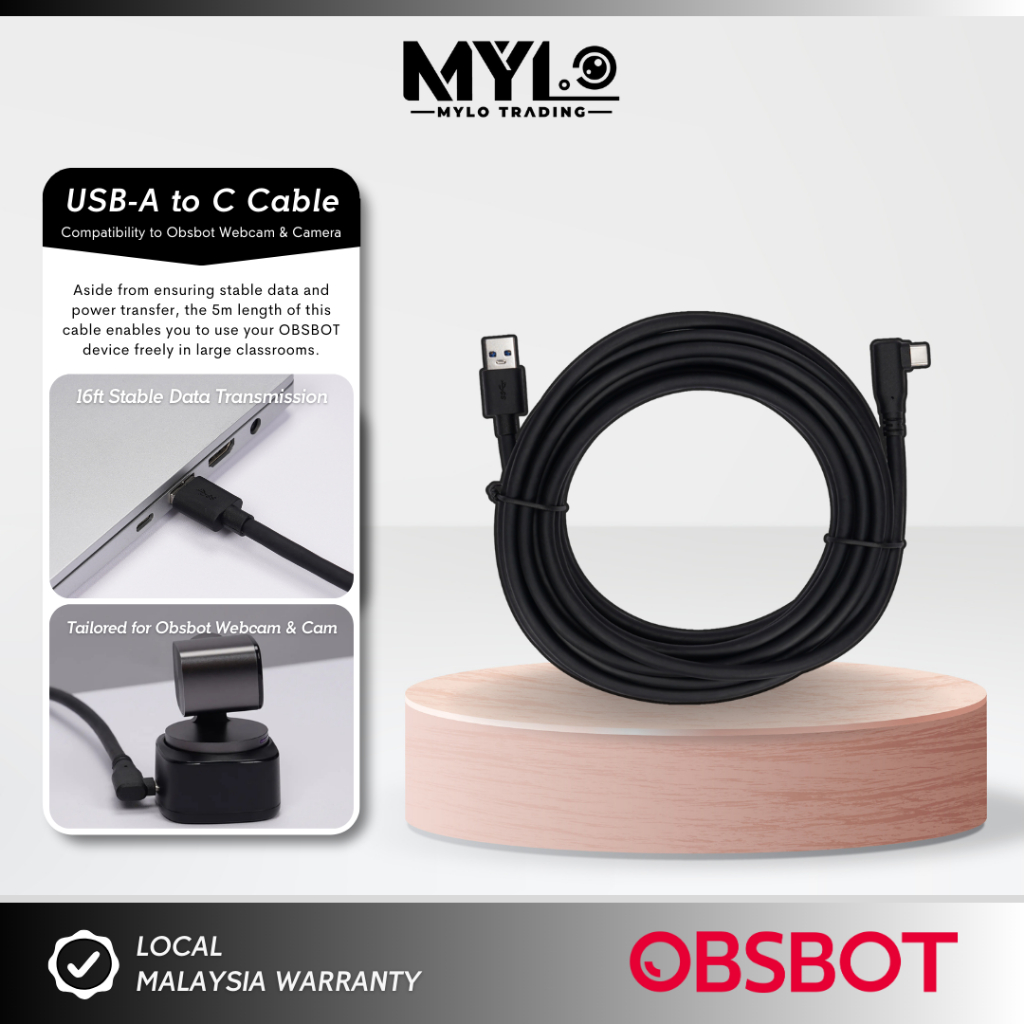 OBSBOT 5 เมตร(16ft) USB Type-A ถึง Type-C ชายข้อมูลมุมขวาและสายไฟสําหรับ Tiny 2 Lite Tiny SE Meet SE