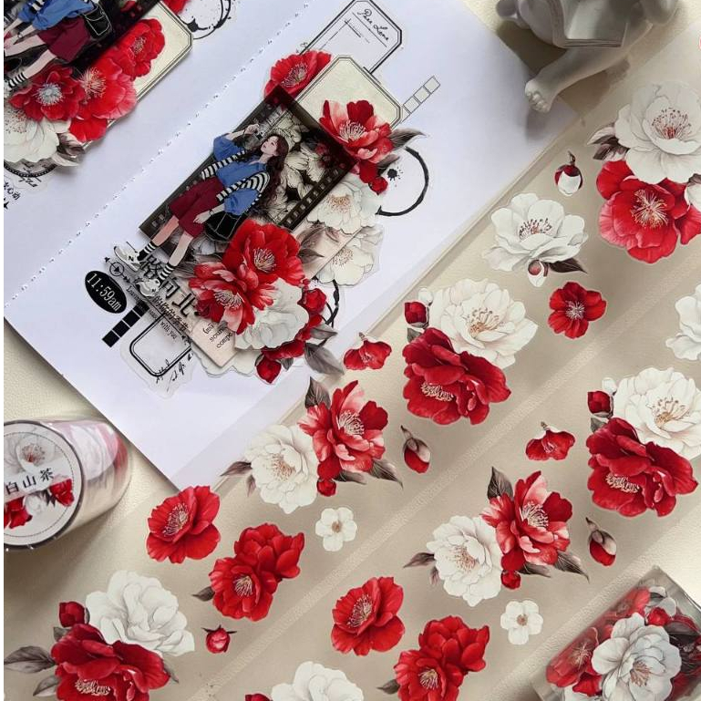 We West Club~Red White Camellia PET Cutting Die Light Retro Red White Flowers แยกบรรจุ One Cycle PET Tape-6.0 ซม. * 50 ซม./Loop - รูปที่ 2