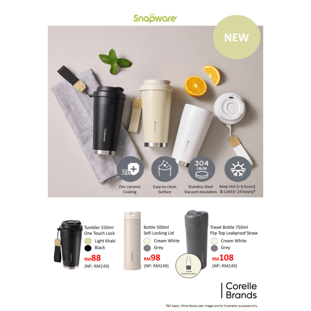 SNAPWARE Zinc Ceramic Insulated One Touch Locking Tumbler Bottle 550ml - 2 สี - SN-BZL550LK/SG