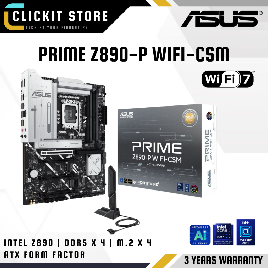 ASUS Prime Z890-P WiFi CSM LGA1851 เมนบอร์ด ATX - WIFI 7 , DDR5 x 4 , M.2 Slot x 4 , Intel Z890