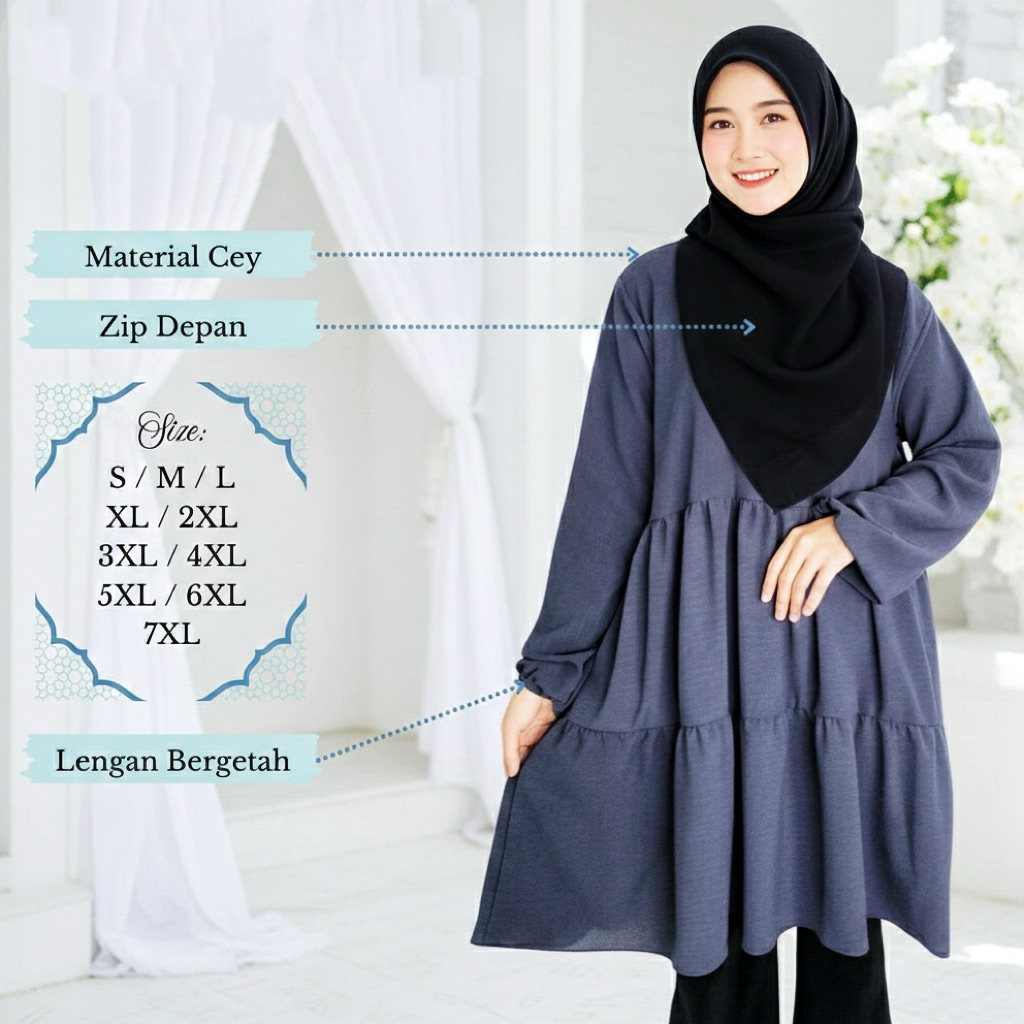 เสื้อ Anna Ruffle Labuh (Size: S-7XL) Ada Zip Depan, Getah Di Lengan & Ironless