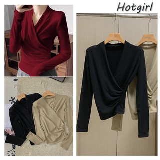 【READY STOCK AT Johor】 ⭐ V-neck cross slim solid color long sleeve T-shirt Pleated waist-cinching inner