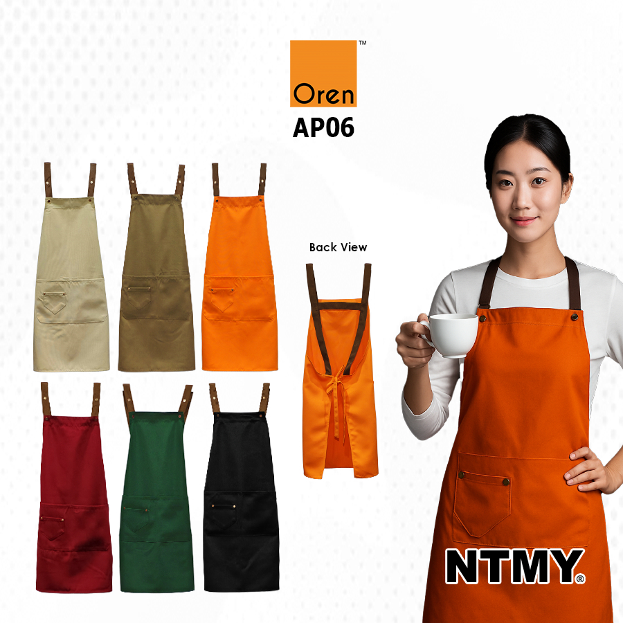 AP06 Oren Sport ผ้ากันเปื้อนเต็มรูปแบบ 100% โพลีเอสเตอร์ผ้าใบหลายกระเป๋าปรับสายคล้องคอ Cafe NTMY