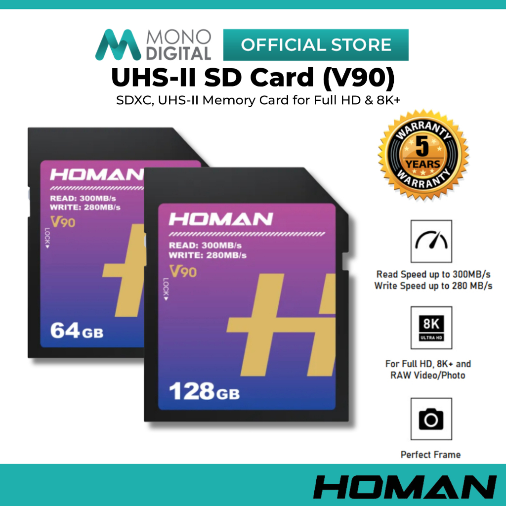HOMAN SDXC UHS-II SD CARD V90 การ์ดหน่วยความจําสําหรับ FULL HD, 8K+ และวิดีโอ RAW/ PHOTO, FIT สําหรั