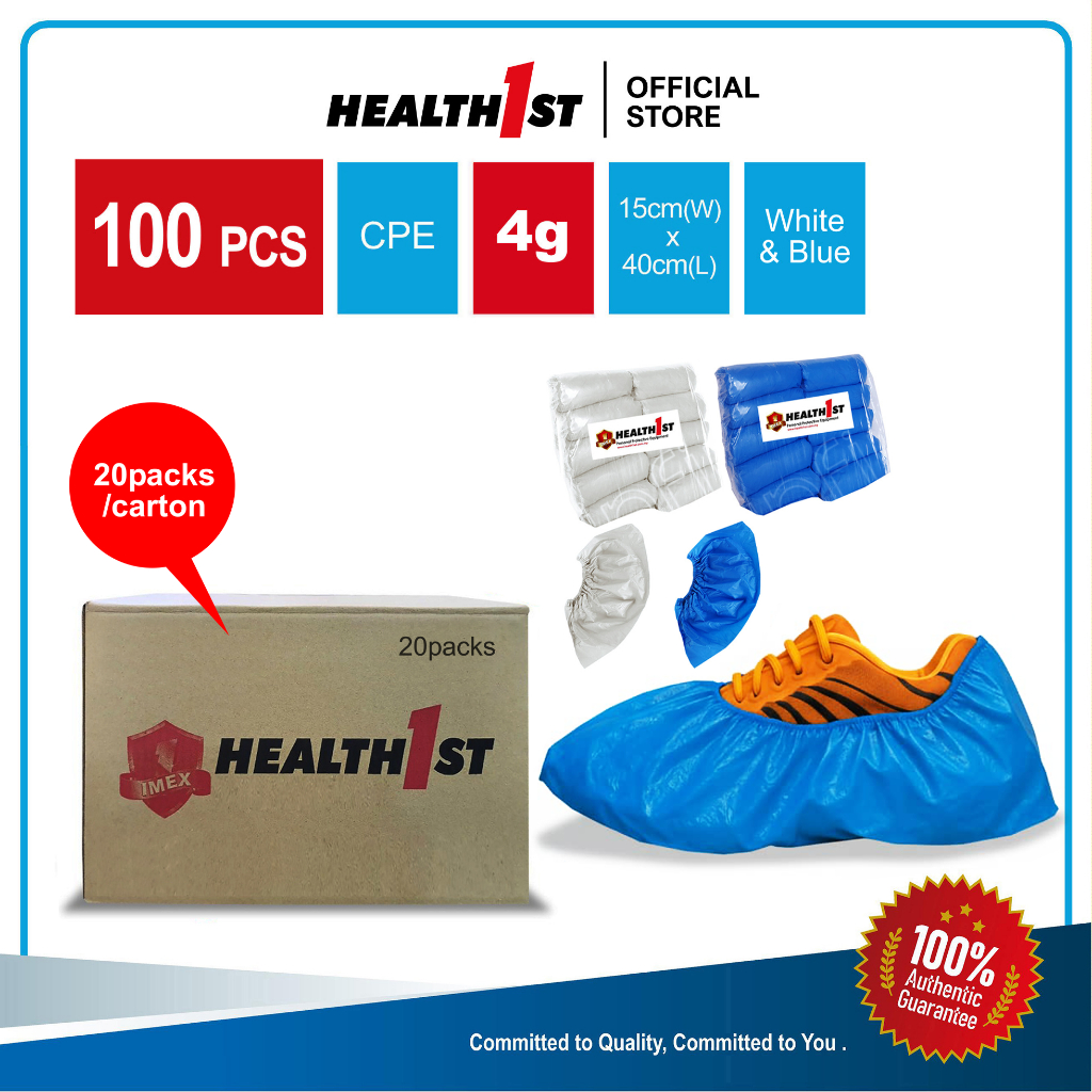 Health1st CPE รองเท้าครอบคลุม I Sarung Kasut CPE I 20 แพ็ค x 100 ชิ้น I 4.0g l 15x40 ซม. I สีฟ้า/สีข