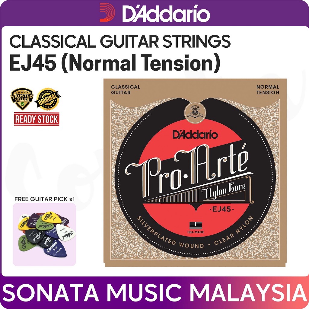 Daddario EJ45 Pro Arte Nylon Core สายกีต้าร์คลาสสิก ความตึงเครียดปกติ ฟรี ปิ๊กกีตาร์