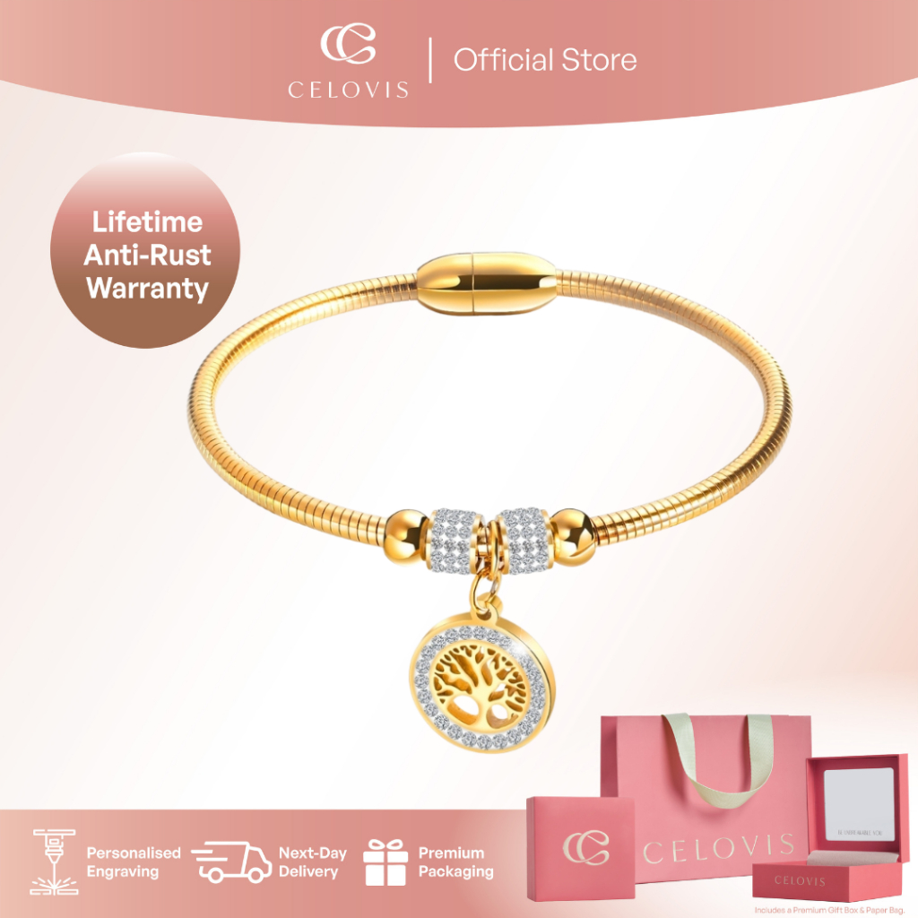 CELOVIS Eden Zirconia Family Tree กําไลข้อมือแม่เหล็กสีทอง