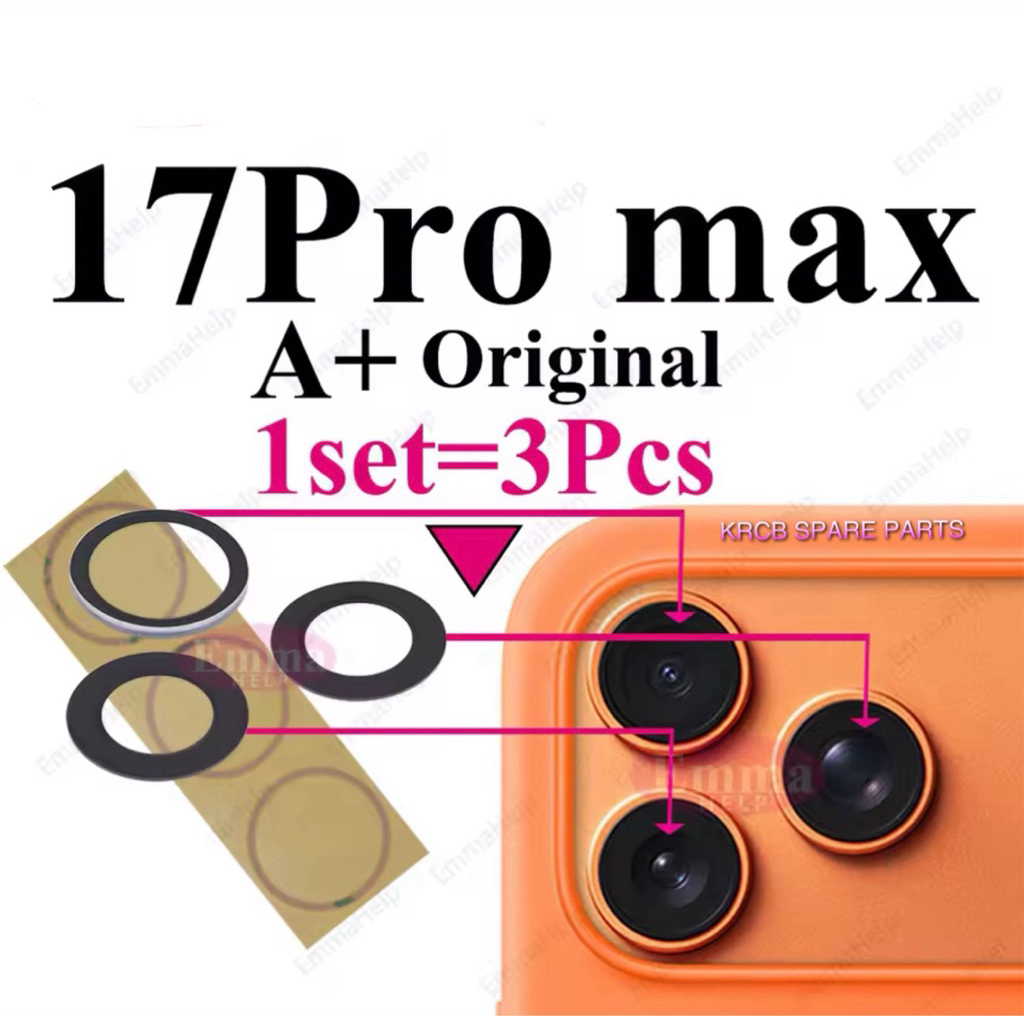 กระจกกล้องคุณภาพ KRCB สําหรับ 17 Pro Max 17 Pro วงแหวนกระจกเลนส์กล้องหลังพร้อมซ่อมกาว 3M