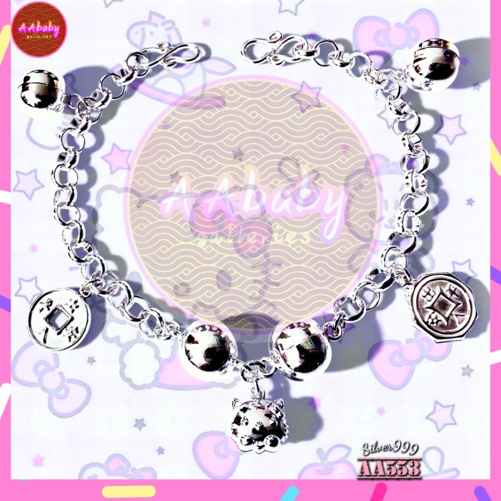 🌈AAbaby Galleries AA553 Baby S999 สร้อยข้อมือสร้อยข้อเท้าเงิน Kitty Bell วันลัคกี้ลัคกี้เด็ก脚链 Gelan