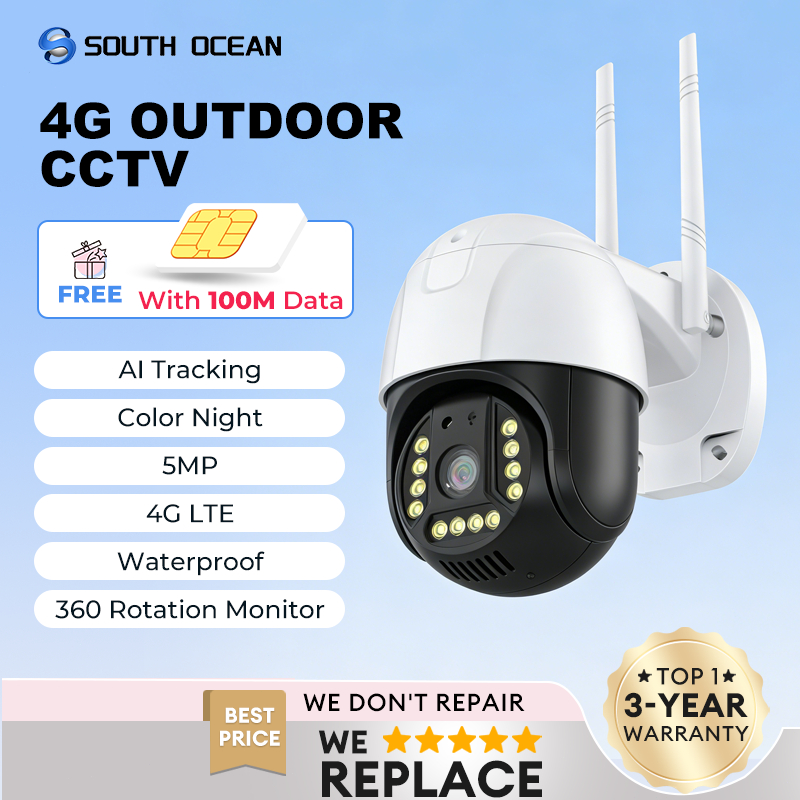ฟรีซิมการ์ดSouth Ocean 4G 5MP Full HD Weatherproof Outdoor PTZ Speed Dome Wireless Smart IP CCTV V38