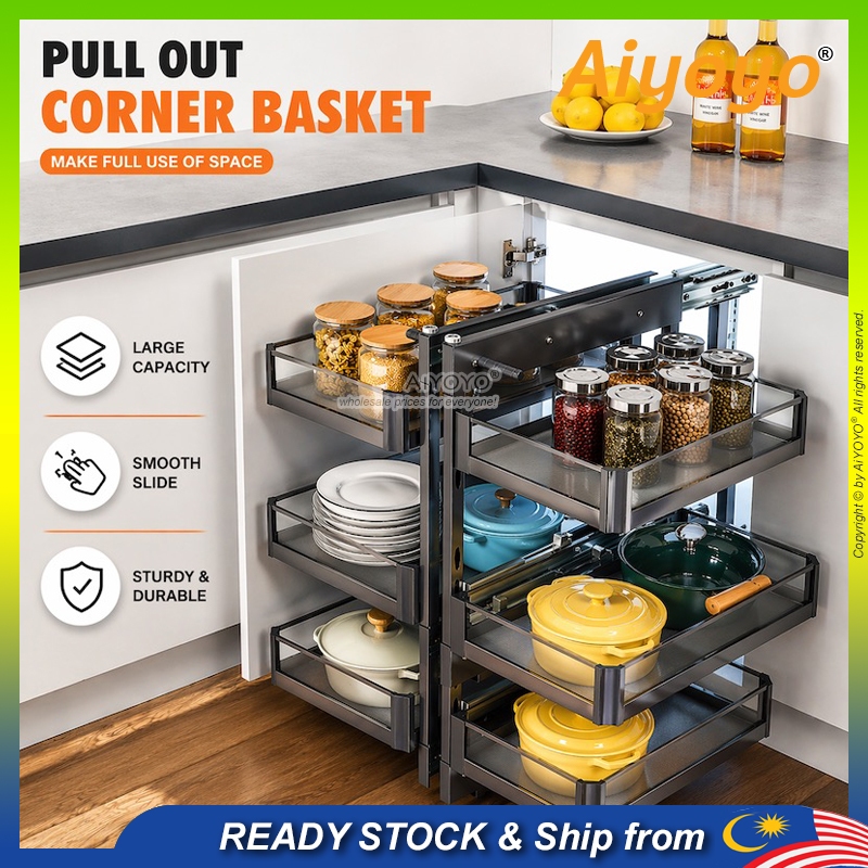 Kitchen Magic Corner Basket Pull Out Corner Cabinet Dapur Aluminium Glass