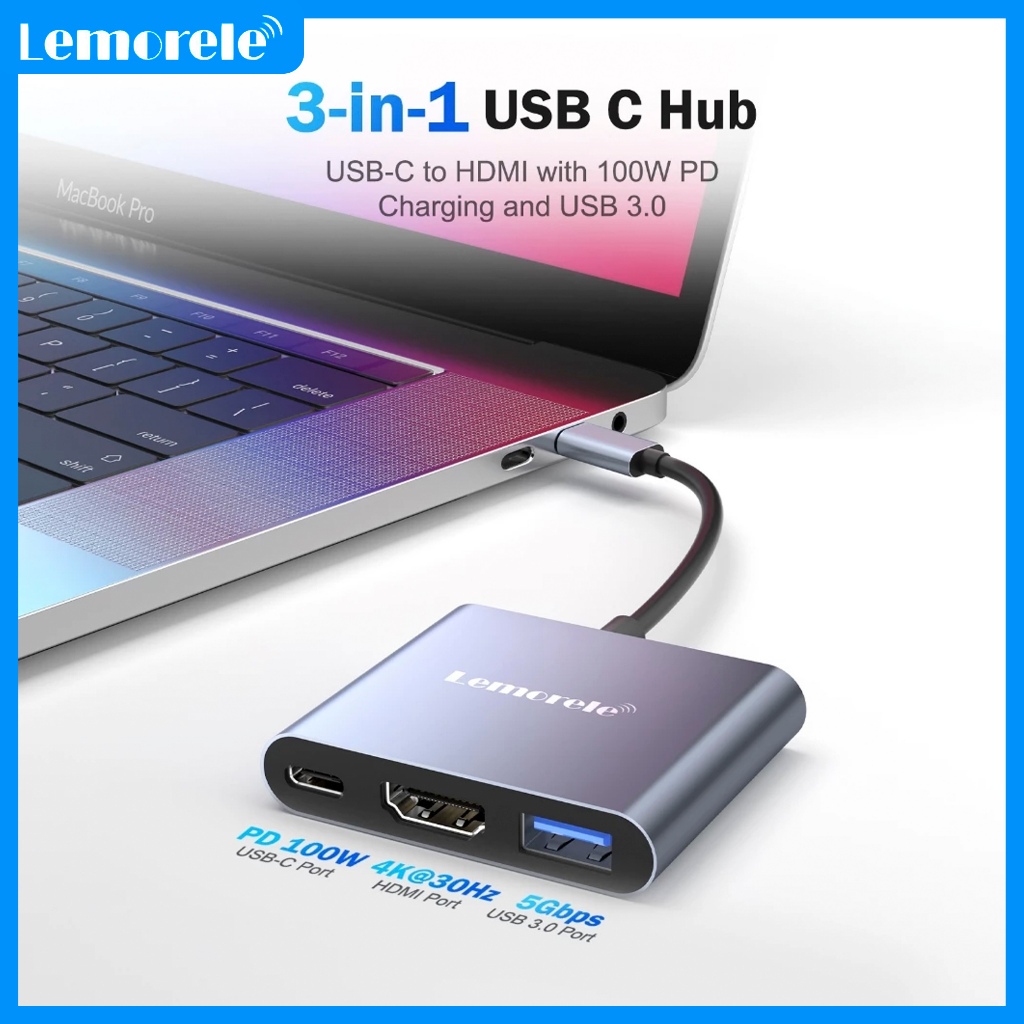 Lemorele TC33 อะแดปเตอร์ USB C 3 in 1 HDMI 4K 30Hz USB A 5Gbps 100W PD ฮับชาร์จสําหรับแล็ปท็อป