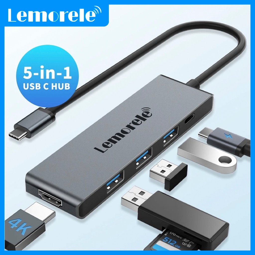 Lemorele TC22L อะแดปเตอร์ฮับ USB C 5 in 1 100W PD 4K HDMI USB 3.0 Multiport สําหรับแล็ปท็อป