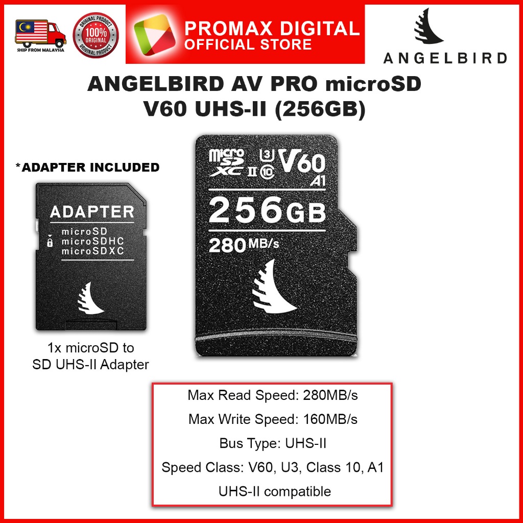 Angelbird 256GB AV Pro UHS-II V60 การ์ดหน่วยความจํา microSDXC พร้อมอะแดปเตอร์ SD
