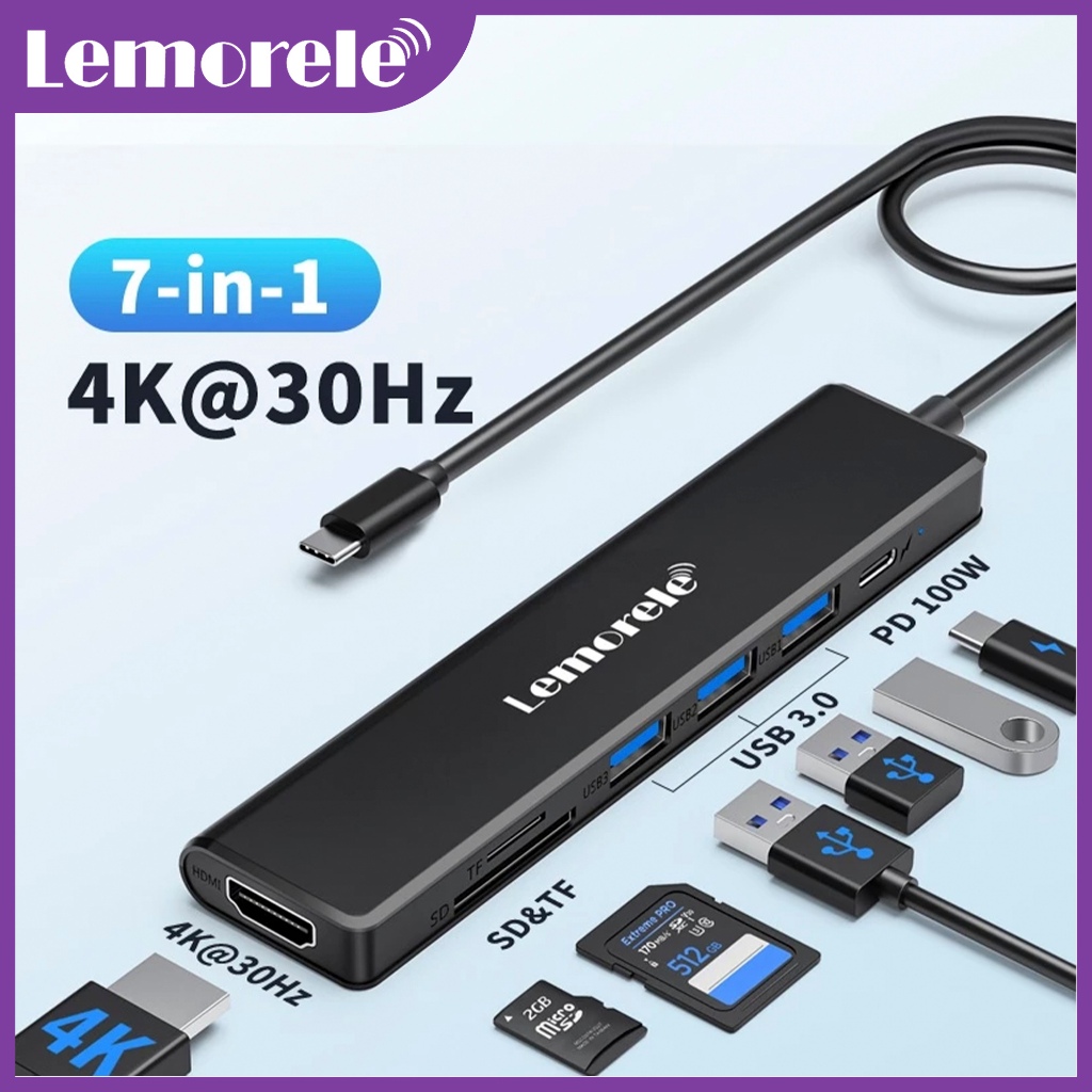 Lemorele TC90 7 in 1 USB C Hub Multiport Adapter 4K HDMI RJ45 100W PD 3 USB 3.0 SD TF