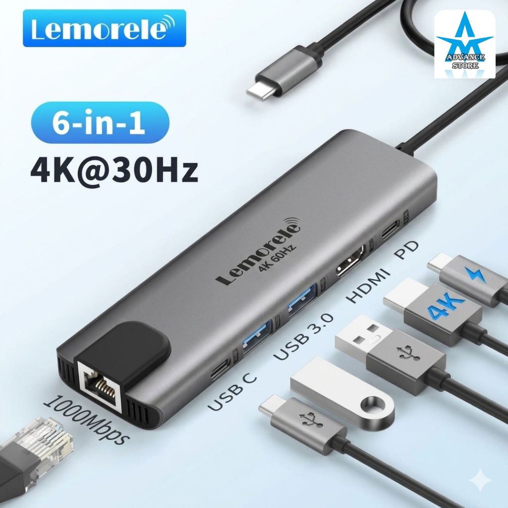 Lemorele TC44 อะแดปเตอร์เครือข่าย USB C Hub RJ45 เข้ากันได้กับ MacBook Air/Pro Surface Chromebook