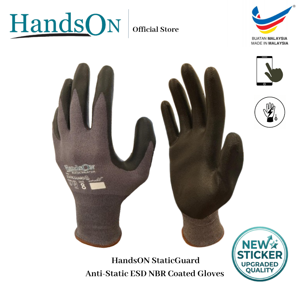 HandsON ถุงมือทํางานไนไตรล์ ESD | ป้องกันไฟฟ้าสถิตย์ | หน้าจอสัมผัส | EN388 EN16530