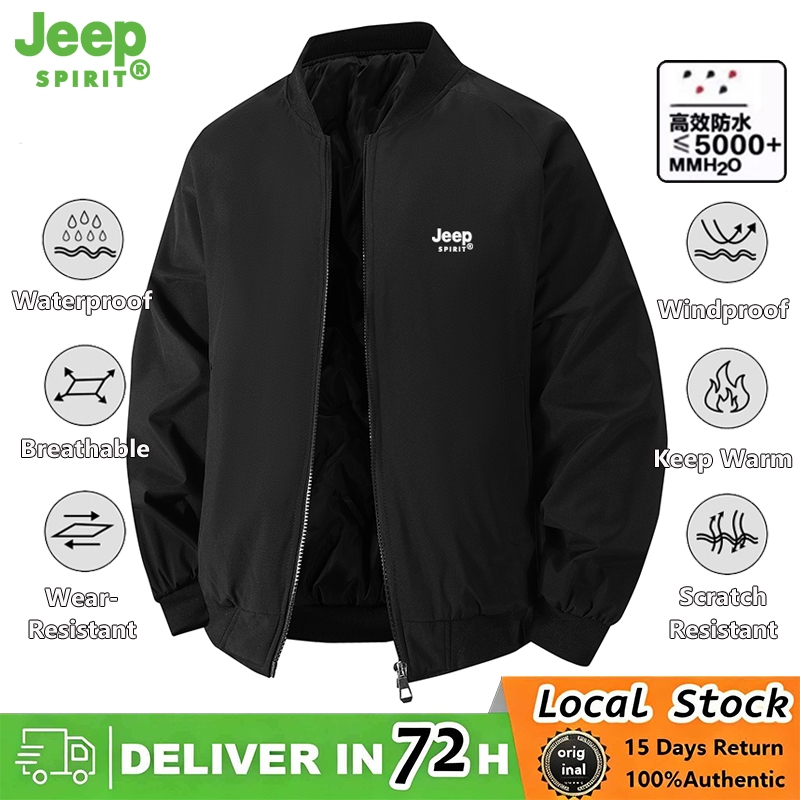 JEEP SPIRIT เสื้อแจ็คเก็ตกันน้ําสําหรับบุรุษและสตรีเสื้อแจ็คเก็ตเบสบอลเสื้อแจ็คเก็ตบอมเบอร์สีดํา