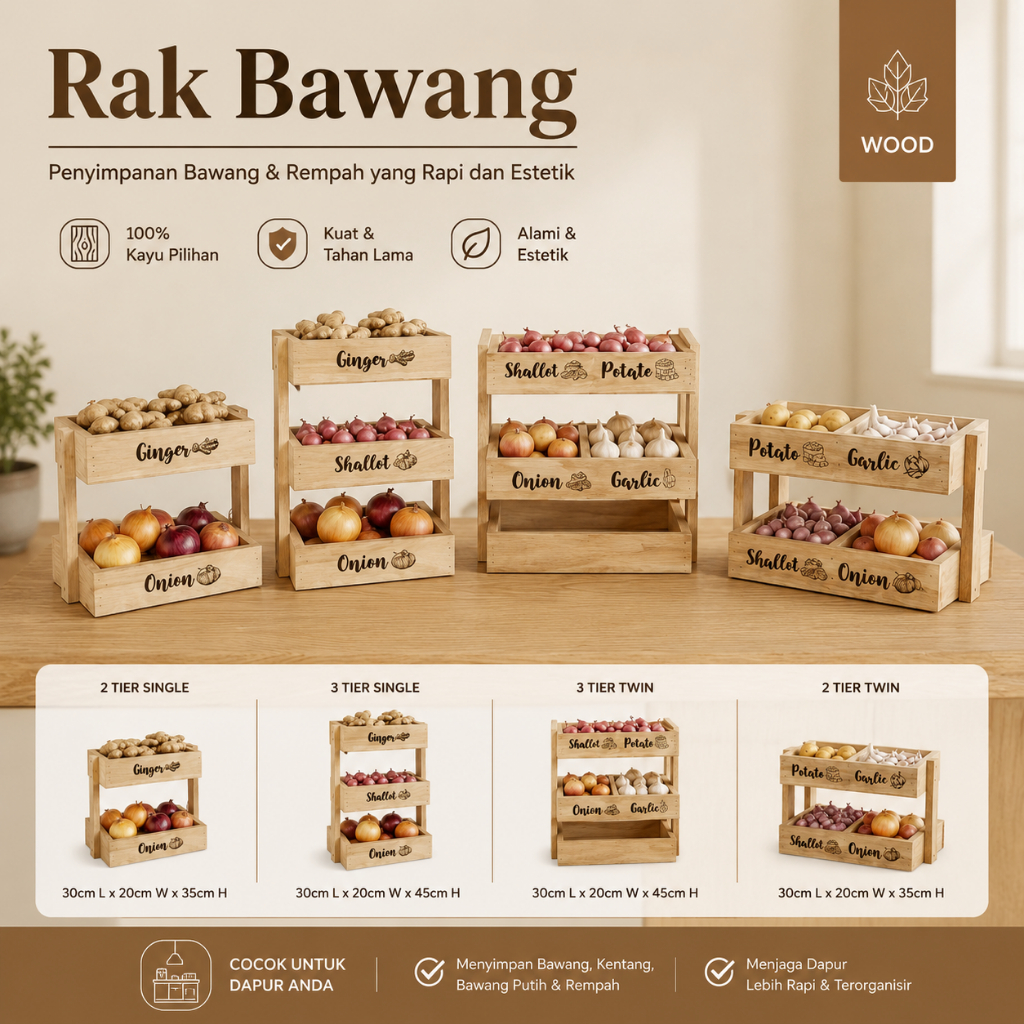 STOK) BEKAS SIMPAN BAWANG BERTINGKAT / RAK BAWANG / ONION RACK / DOUBLE TIER / WOOD / SINGLE TRAY