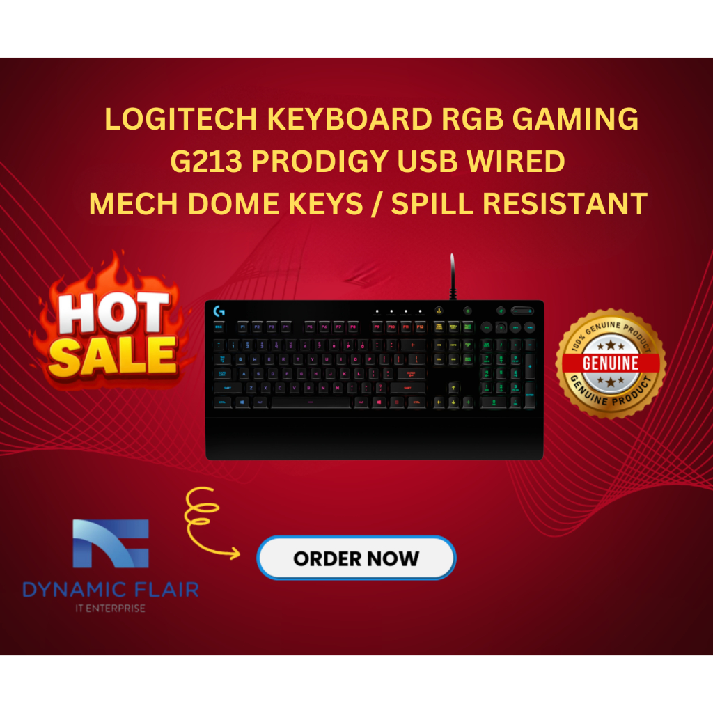 LOGITECH G213 PRODIGY WIRED คีย์บอร์ดเกมพร้อม RGB LIGHTING SPILL-RESISTANT & DURABLE
