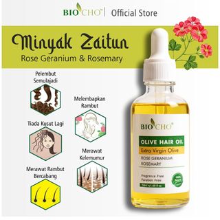BIOCHO - MINYAK RAMBUT ZAITUN, OLIVE HAIR OIL, UNTUK RAMBUT GUGUR, ROSEMARY AND ROSE 100% NATURAL
