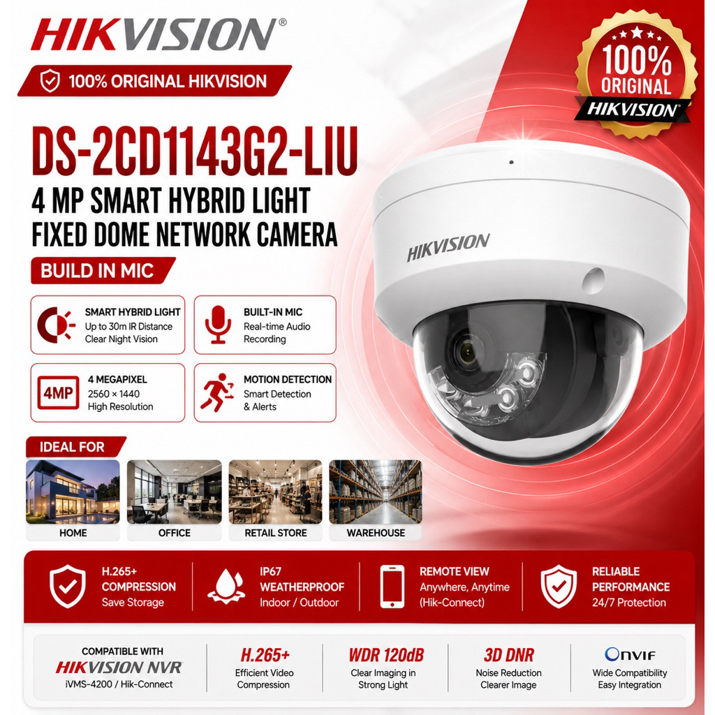 HIKVISION กล้องวงจรปิด DS-2CD1143G2-LIU กล้องเครือข่ายโดมอัจฉริยะ 4MP