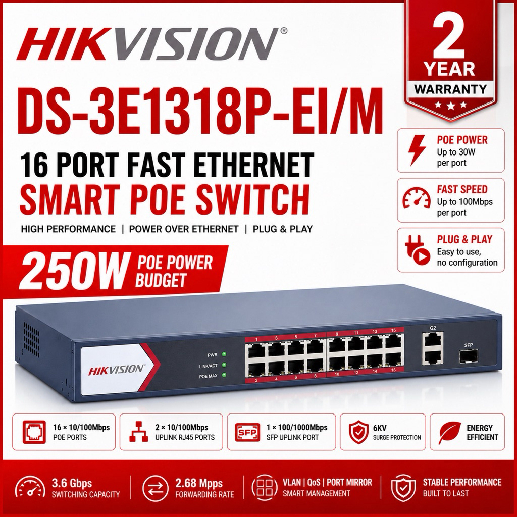 HIKVISION DS-3E1318P-EI/M 16 พอร์ต Fast Ethernet สมาร์ทสวิตช์ POE