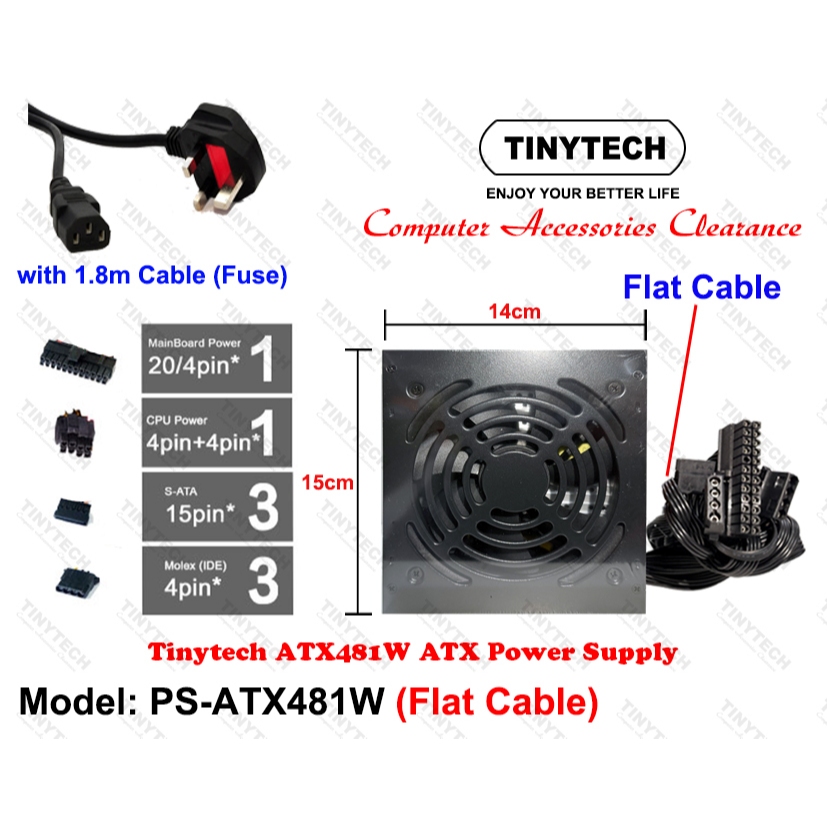 DESKTOP PC ATX PS-ATX481W FLAT CABLE POWER SUPPLY พร้อมสายไฟ 1.8M TINYTECH PSU PC FIT MICRO-ATX ATX 