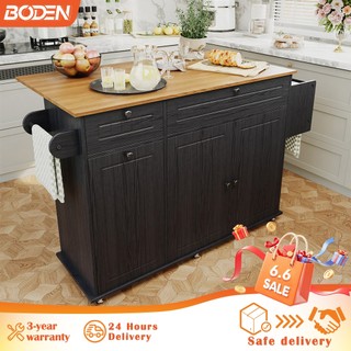 Kitchen Island With 5 Rolling Wheels Dining Table Bar Table - Foldable Drop Leaf Power Outlet Knife/Spice Rack