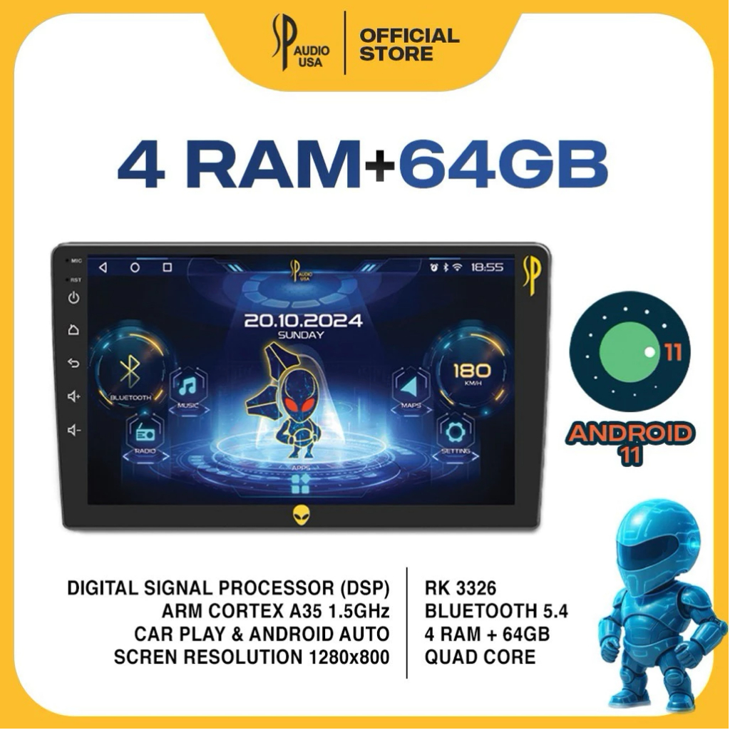 SP Audio 4+64 เครื่องเล่น Android – RAM 4GB +64GB ROM Quad Core DSP Wireless CarPlay & Android Auto