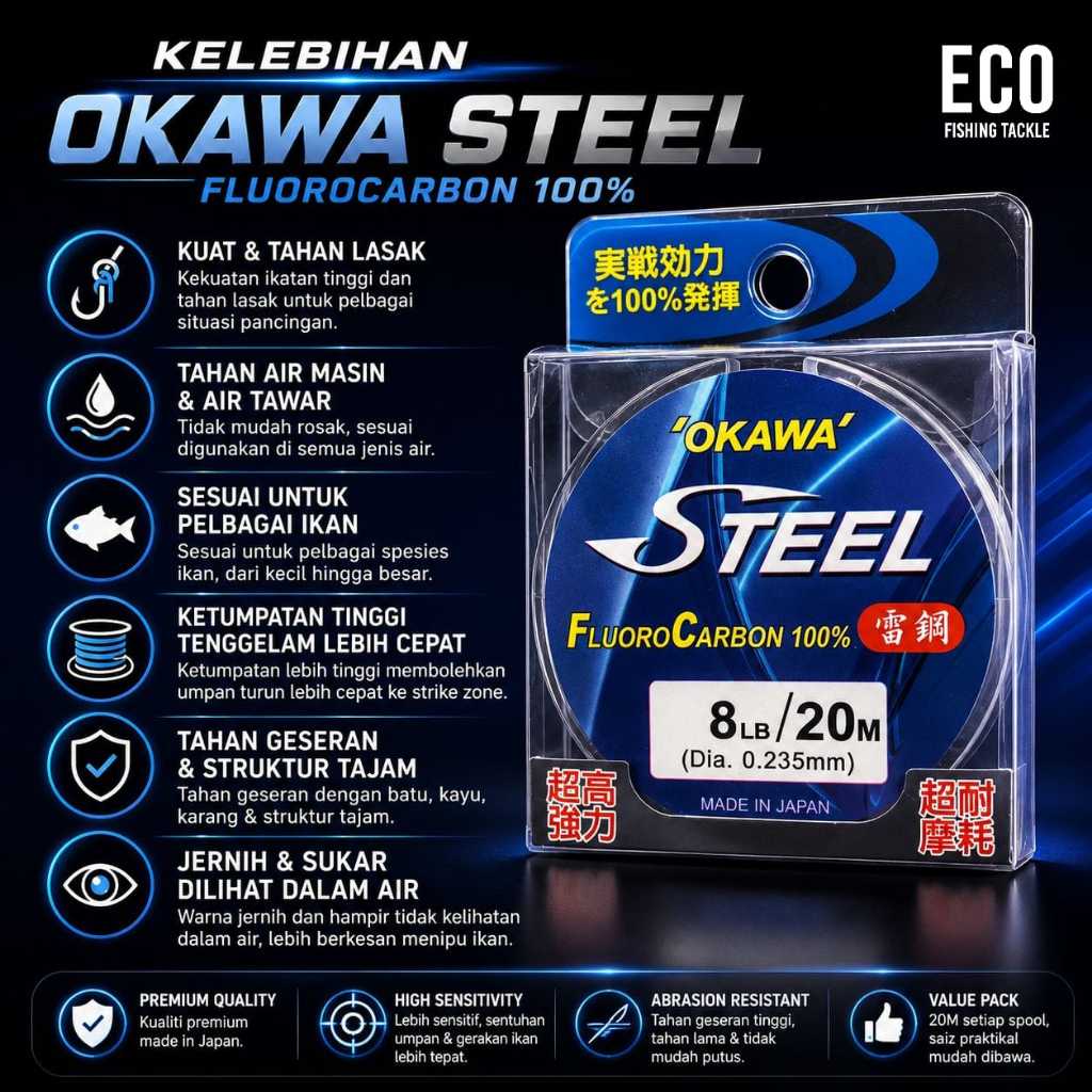 OKAWA STEEL 100% FLUOROCARBON LEADER KINE 20M