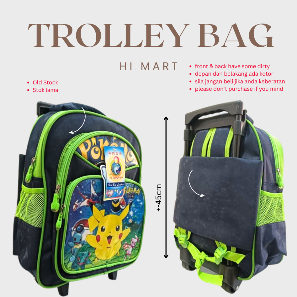 Hi Mart - Trolley Backpack School Travel Canvas Sekolah Tuition Bag โทรลล์ Beg Old Stok Lama