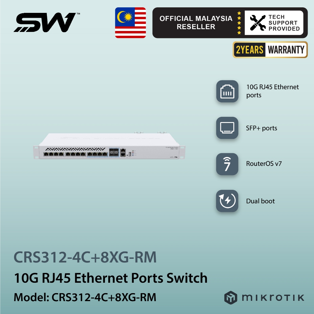 MikroTik CRS312-4C+8XG-RM 12-Port 10G Managed Switch 8x 10G RJ45 4x Combo SFP+ Rackmount