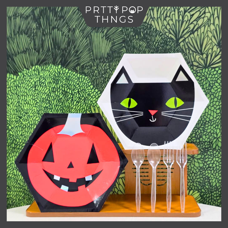 SIMPLE Party Set 8 Pax Black Cat Plate 8" Orange Pumpkin Plate 8" Fork Spoon Halloween by PrettyPopT