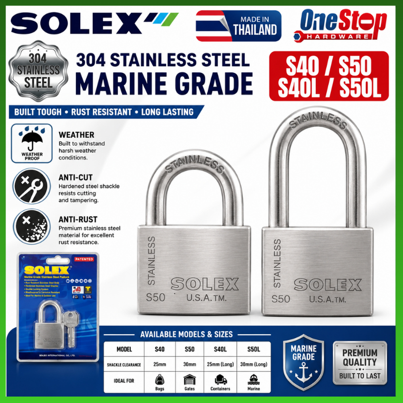 SOLEX PREMIUM S40, S50, S40L, S50L STAINLESS STEEL MARINE GRADE 304 PADLOCKS / MANGGA