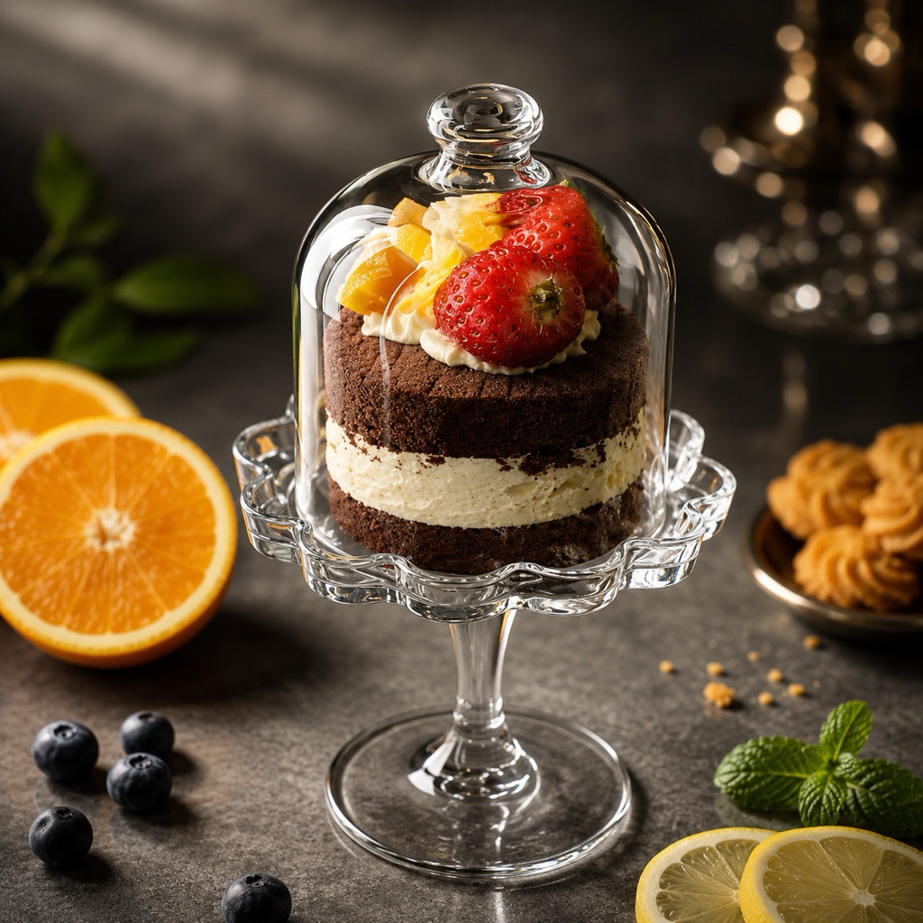96457 Pasabahce Mini Patisseries Footed Dessert Plate with Glass Dome Cake Cheese Appetiser Plate แก