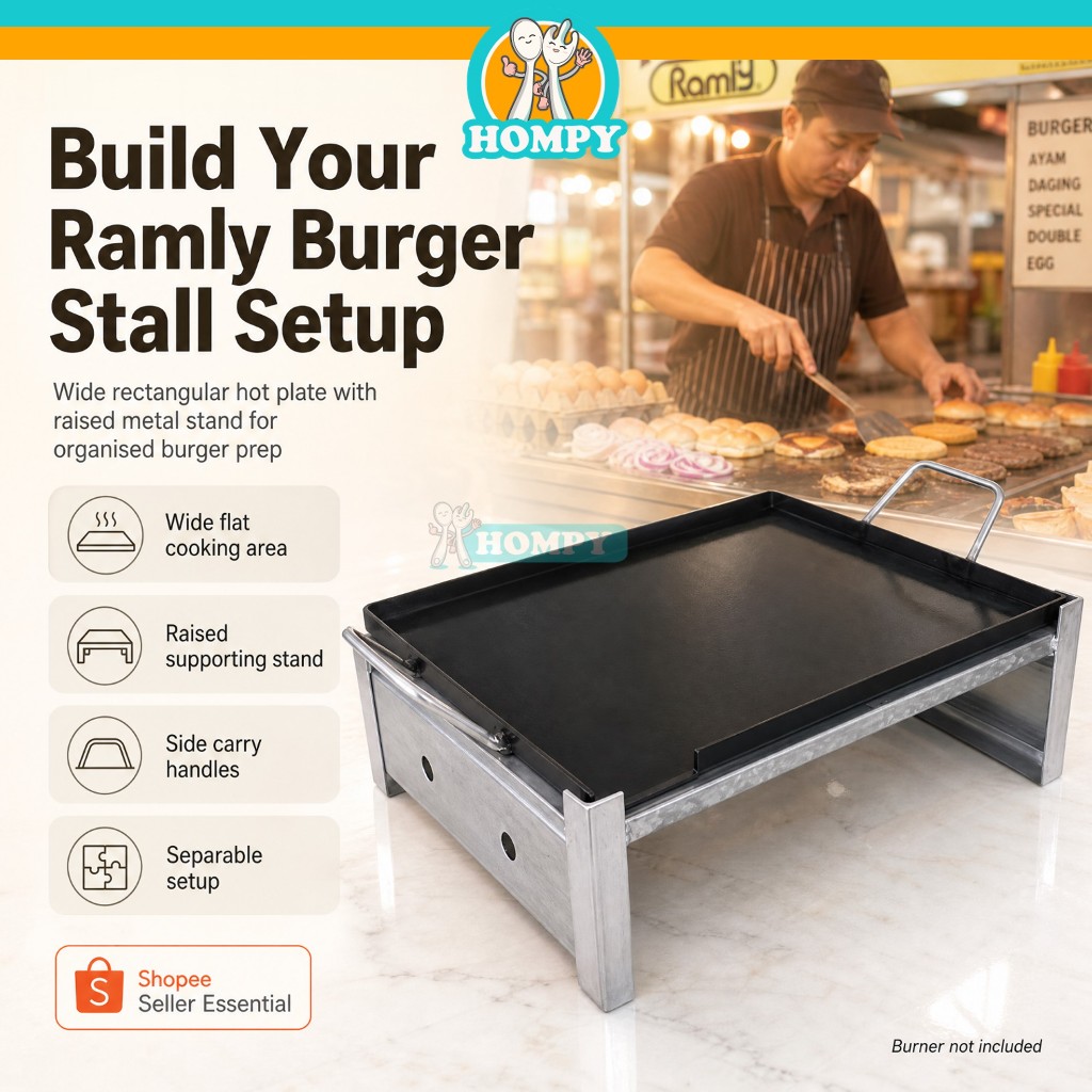 Ramly Burger จานร้อนพร้อมขาตั้ง Burger Pan Kuali Burger สี่เหลี่ยมผืนผ้าจานร้อนย่างแผ่นอาหาร Stall S