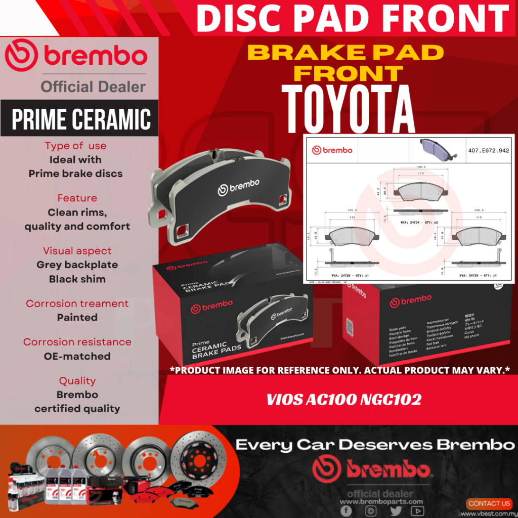 ผ้าเบรคหน้า Brembo Premium Toyota Vios AC100 NGC102 2023-ปัจจุบัน Depan