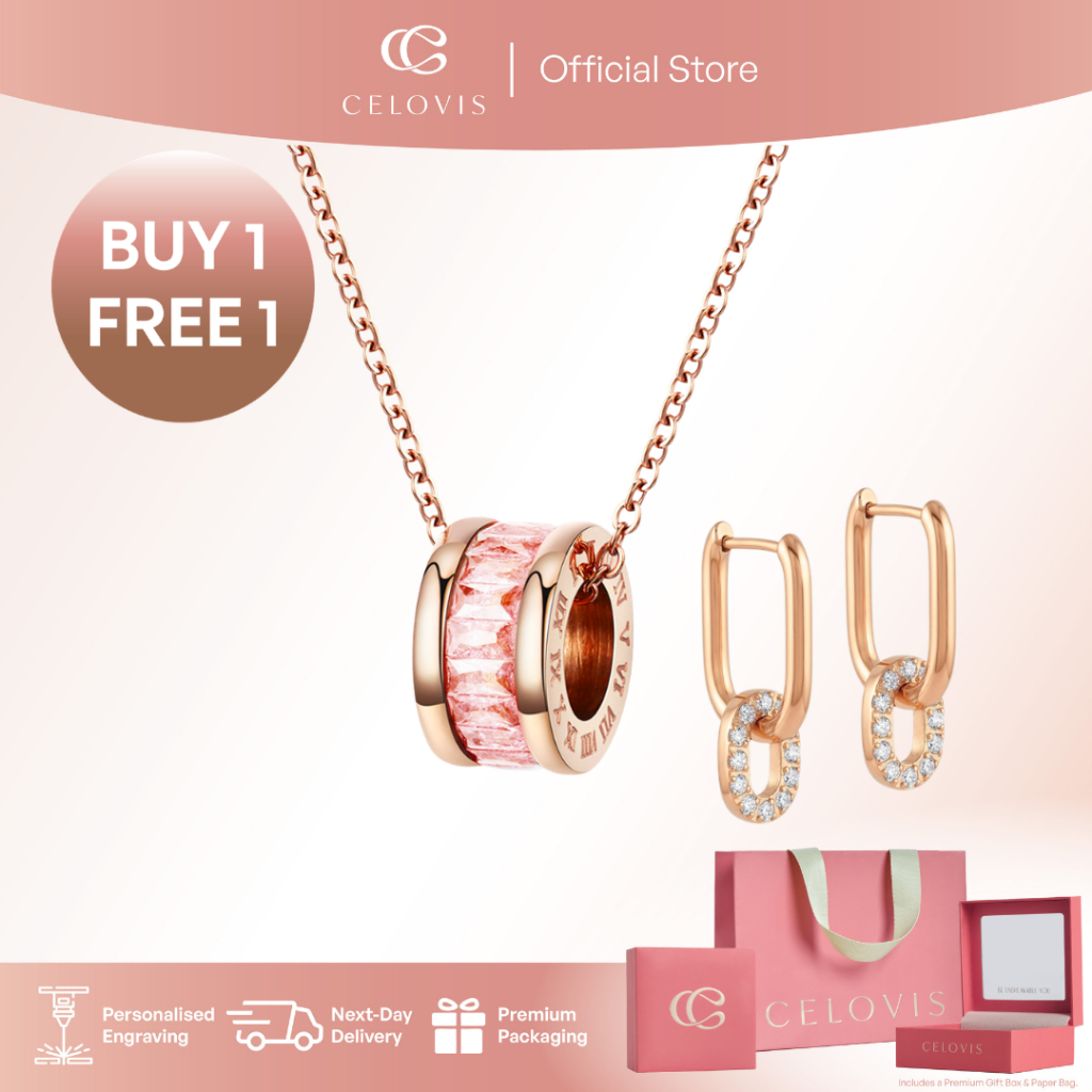 [ ซื้อ 1 ฟรี 1 + RM10 VOUCHER ] ต่างหู CELOVIS Adessa Cubic Zirconia + สร้อยคอสีชมพู Oceane ชุด 2 ใน