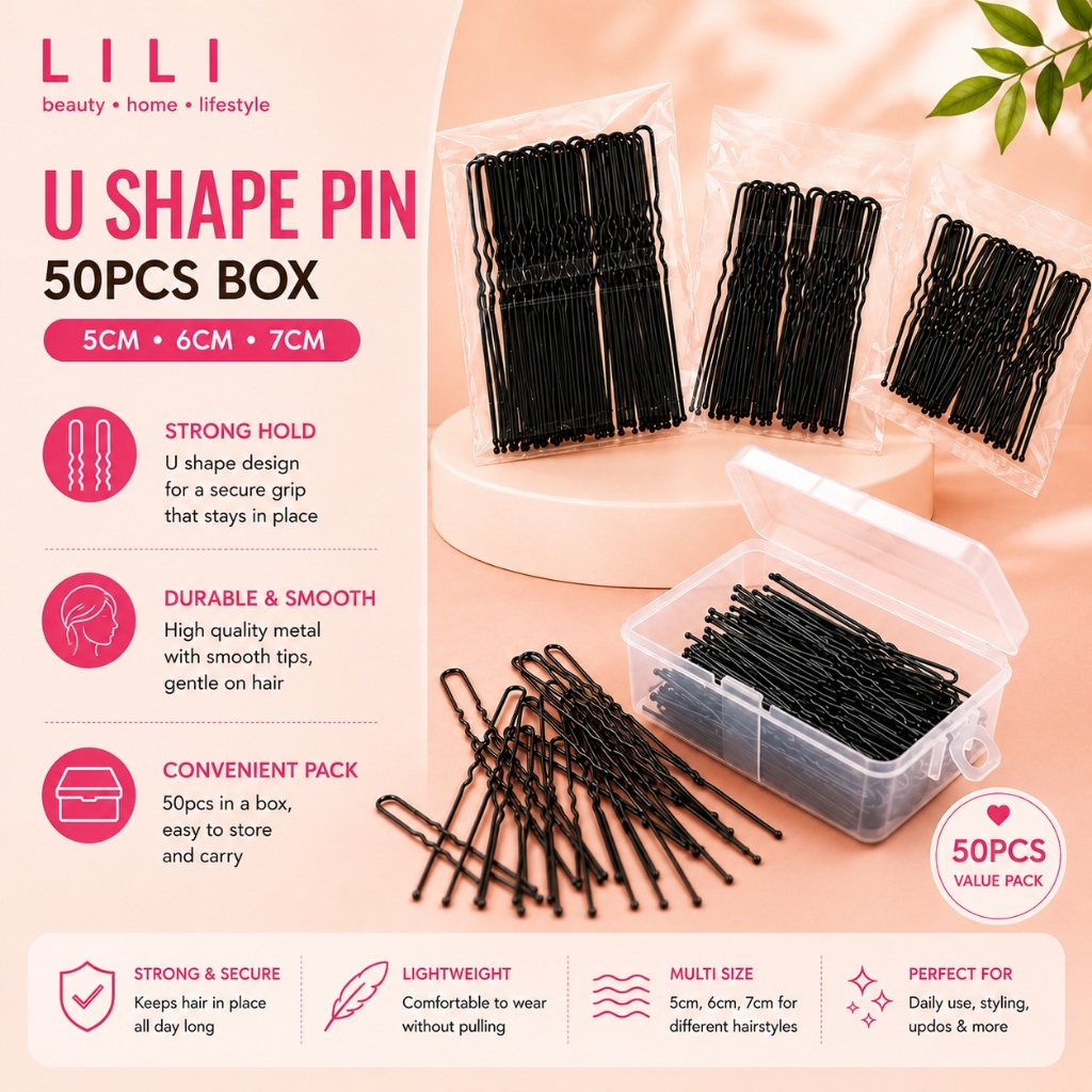 50/100pc U รูปร่างสีดําผม Pin Rambut Pin สีดํา Saloon U pins พร้อมกล่อง