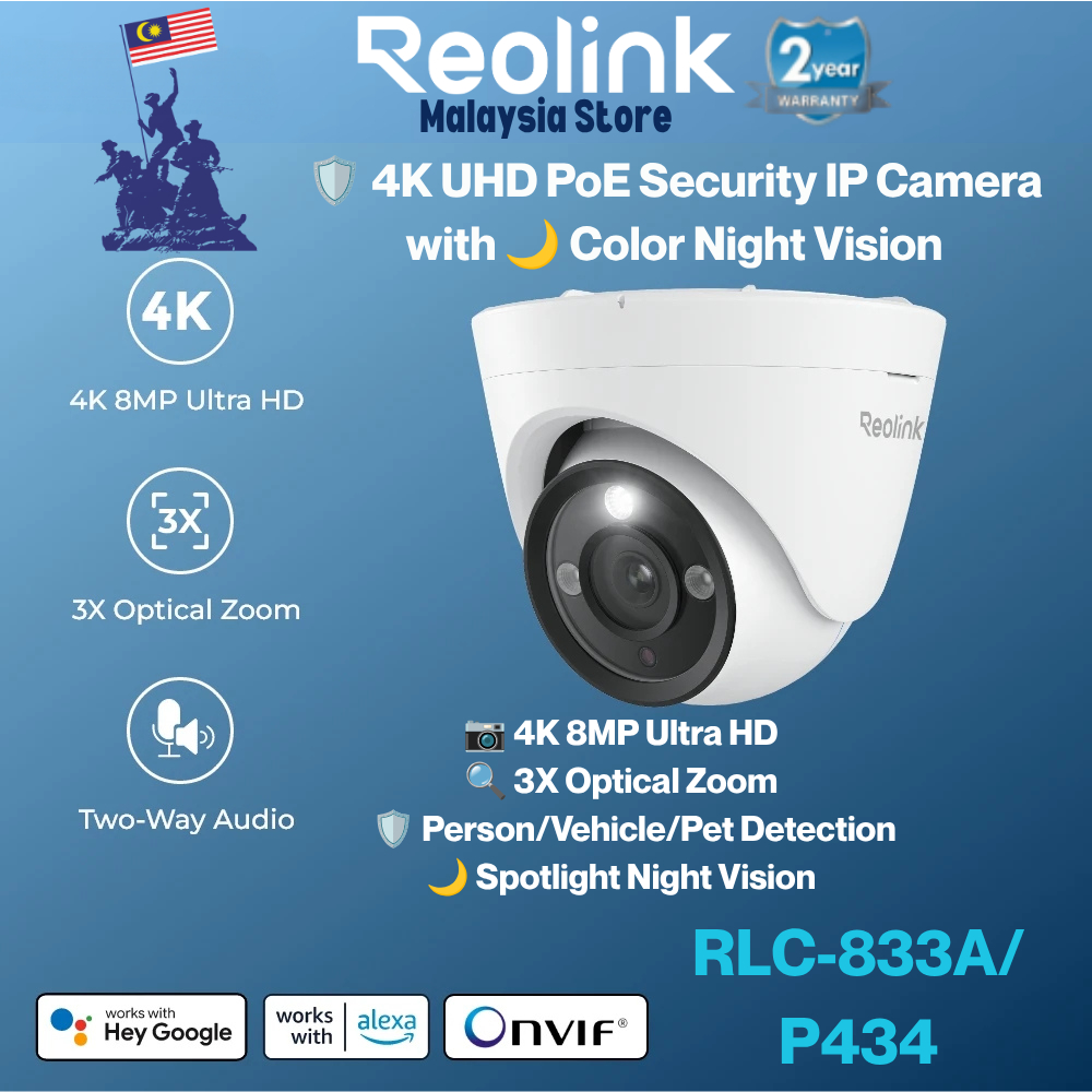 Reolink RLC-833A-3X P434 กล้องรักษาความปลอดภัย 4K ระบบกลางแจ้ง 3x ซูมออปติคัลสีสองทาง Night Vision ก