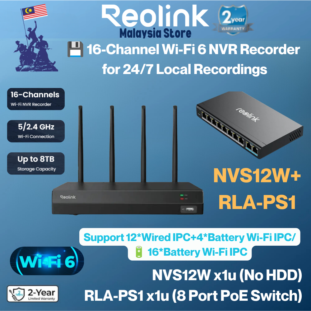 Reolink NVS12W/RLN12W 12CH WiFi NVR Recorder พร้อม Wi-Fi 6 สําหรับ 5MP/8MP/16MP 24/7 การบันทึกสําหรั