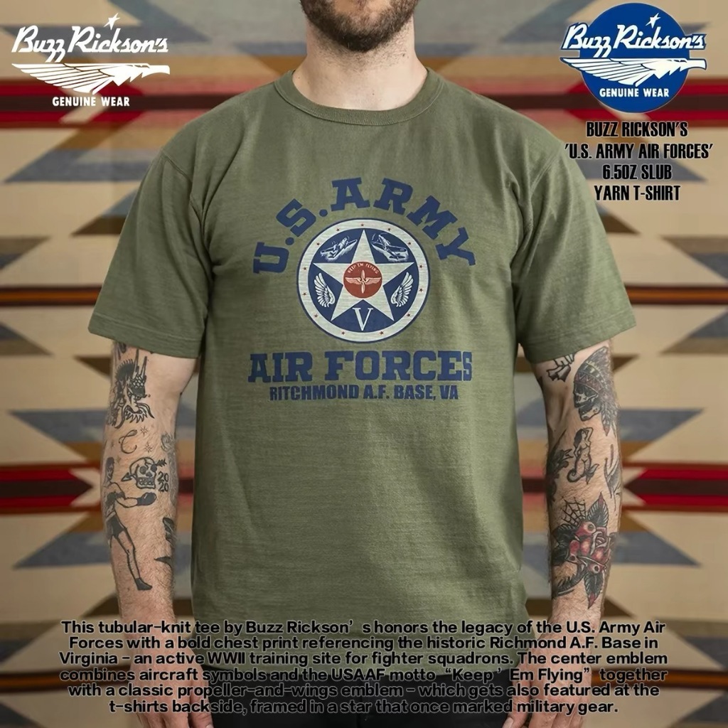 Buzz Ricksons US เสื้อยืด Army Air Forces 6.5oz - มะกอก