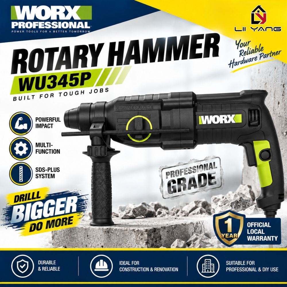 WORX WU345P สว่านโรตารี่ 800W Heavy Duty SDS Plus 26 มม.เจาะก่ออิฐ Mesin Gerudi Tumbuk 3.0J 5500BPM