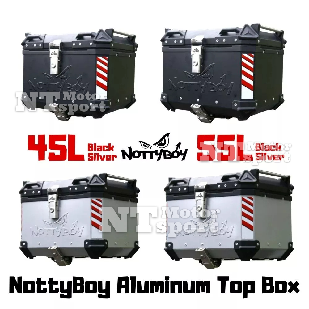 Nottyboy กล่องอลูมิเนียมด้านบนสําหรับงานหนักการออกแบบแบบแบนพร้อมแผ่นฐานอเนกประสงค์กล่องรถจักรยานยนต์