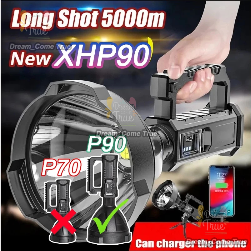 1000000LM LED Lampu Suluh XHP90 ไฟฉาย USB ชาร์จขาตั้งกันน้ํา Spotlight ทํางาน Spotlight 手电筒