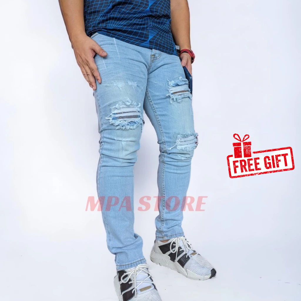 CHP Sky Blue / Seluar Koyak Kain Getah Memeri / Ripped Jeans Stylo / กางเกงยีนส์ลําลอง / กางเกงยีนส์