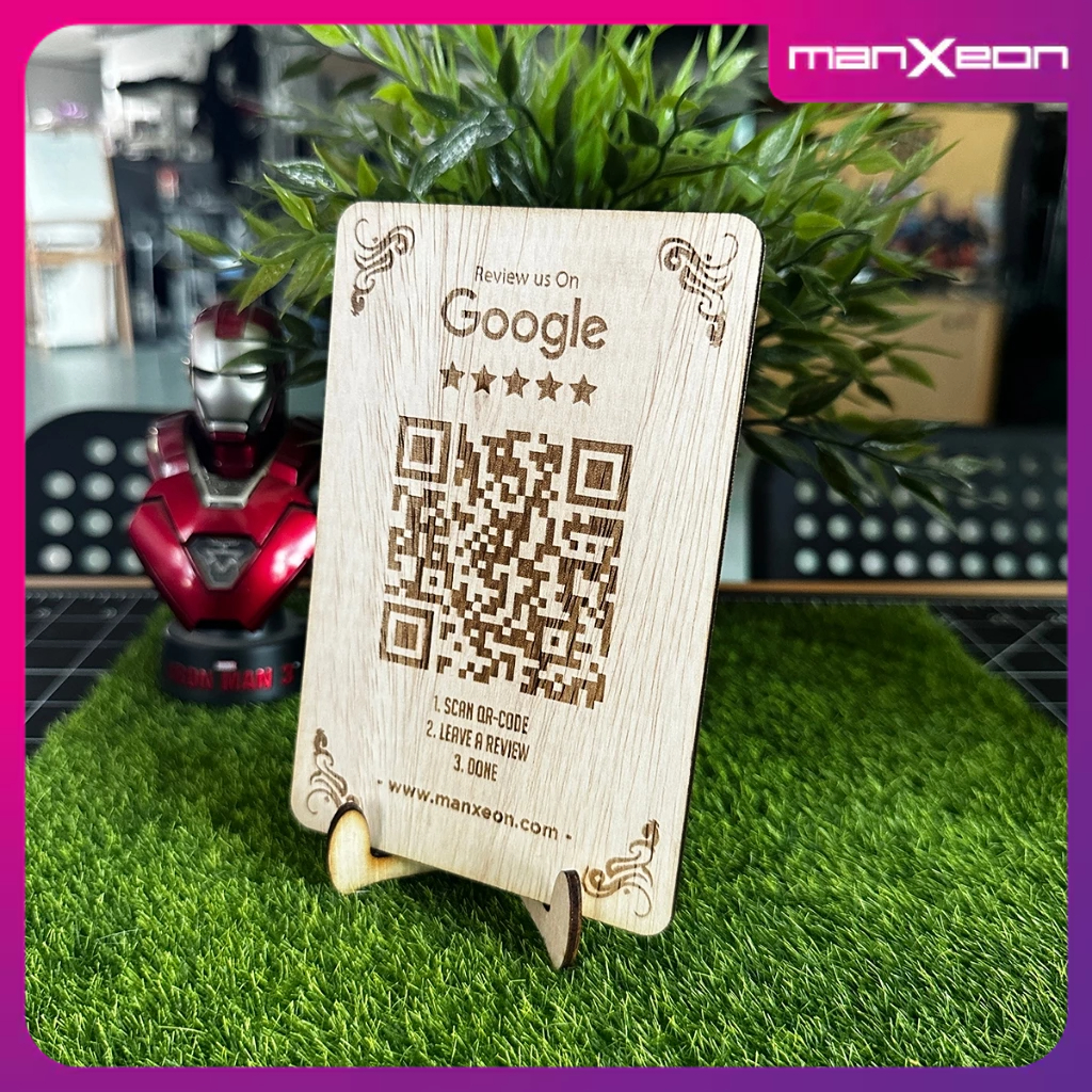 Signage Google QR Review 5 stars Laser Engrave Wood Sign Online Local Guide ส่งเสริมการรับเลี้ยงลูกค