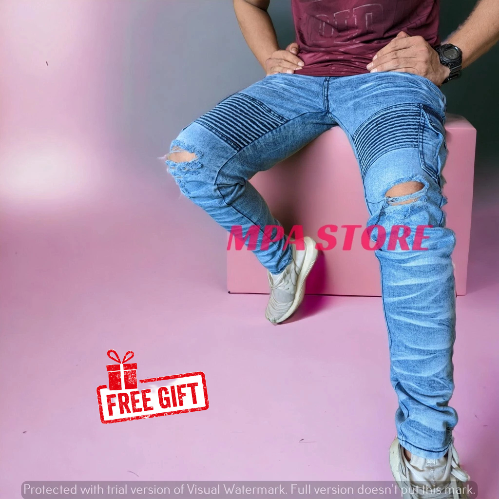 Seluar Jeans Skinny Koyak BB Cargo / Jeans Skinny Kargo / Jeans Getah Ripped Jeans